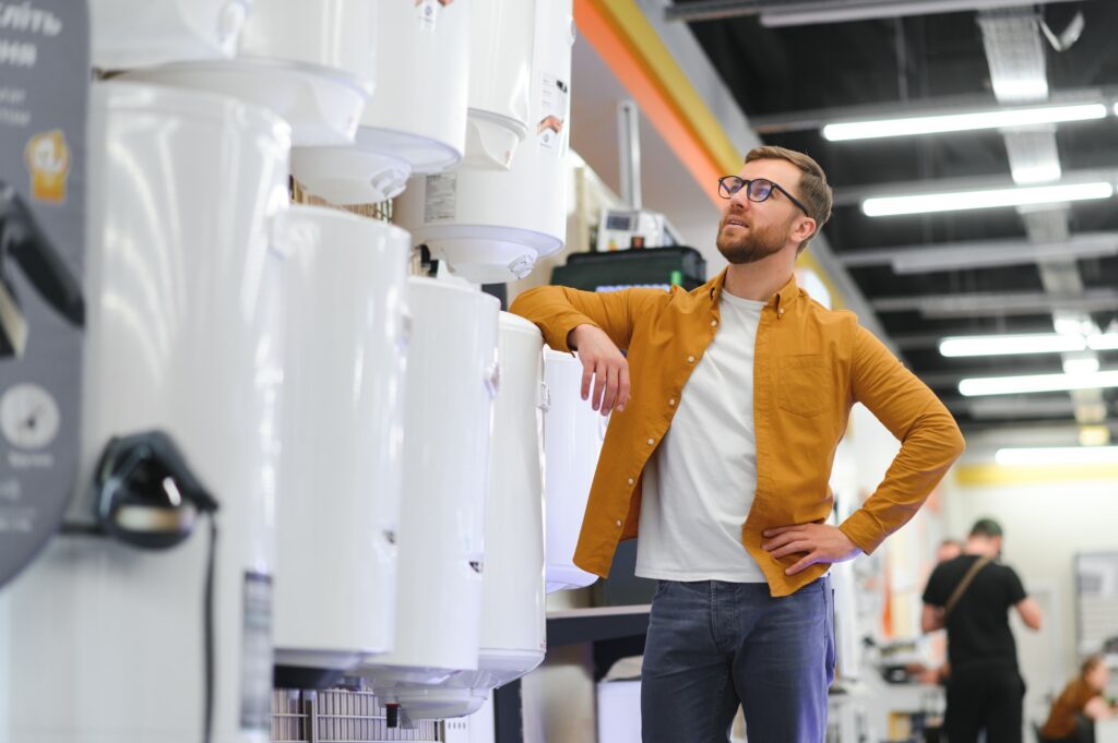 Plumber with boilers, plumbering store.